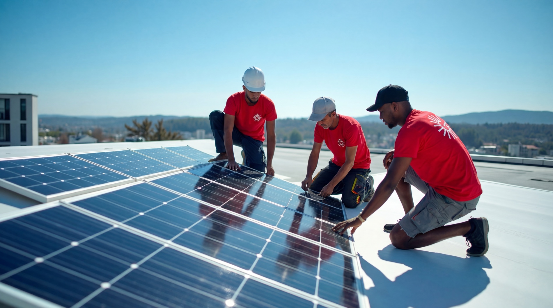 Technicien Gaudard installant des panneaux solaires sur une toiture